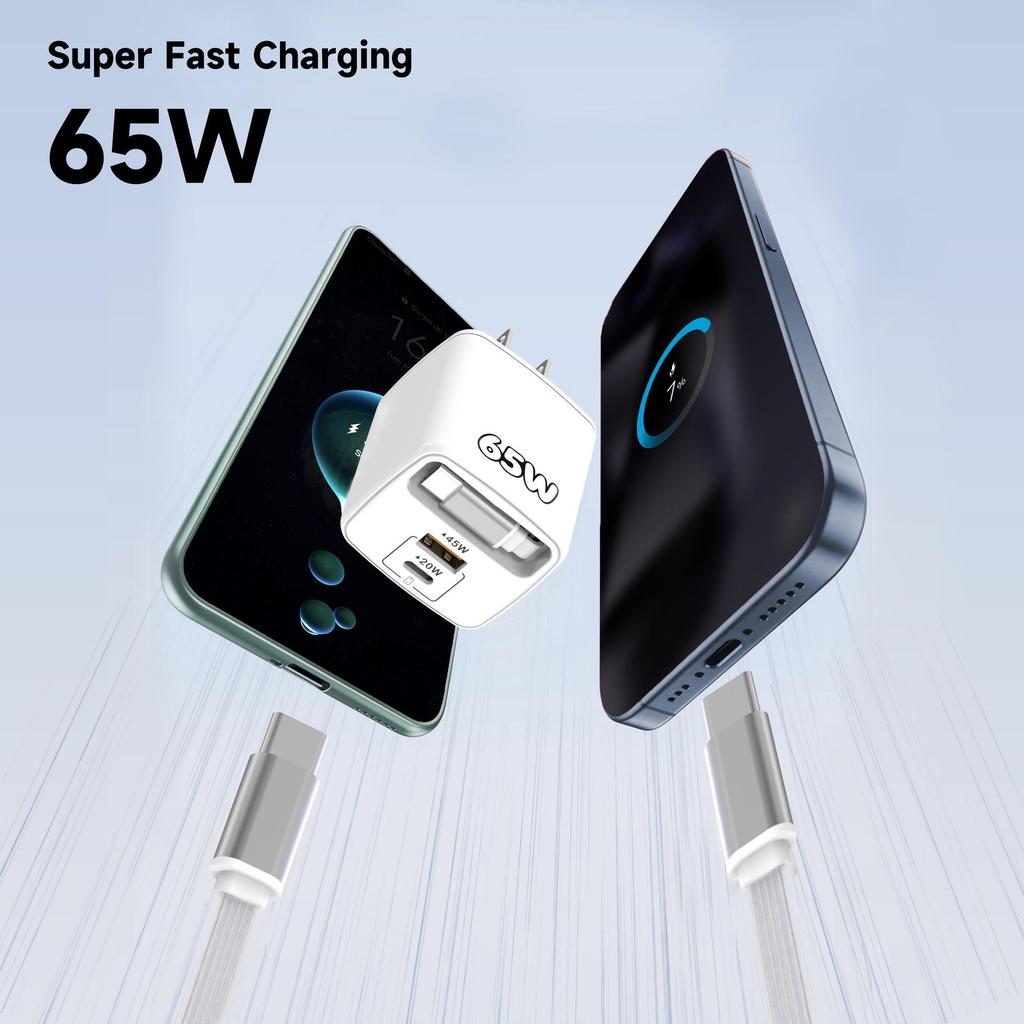 65W GaN Fast Charger with USB, PD, Type-C Retractable Cable, Multi-Port EU/UK Plug.