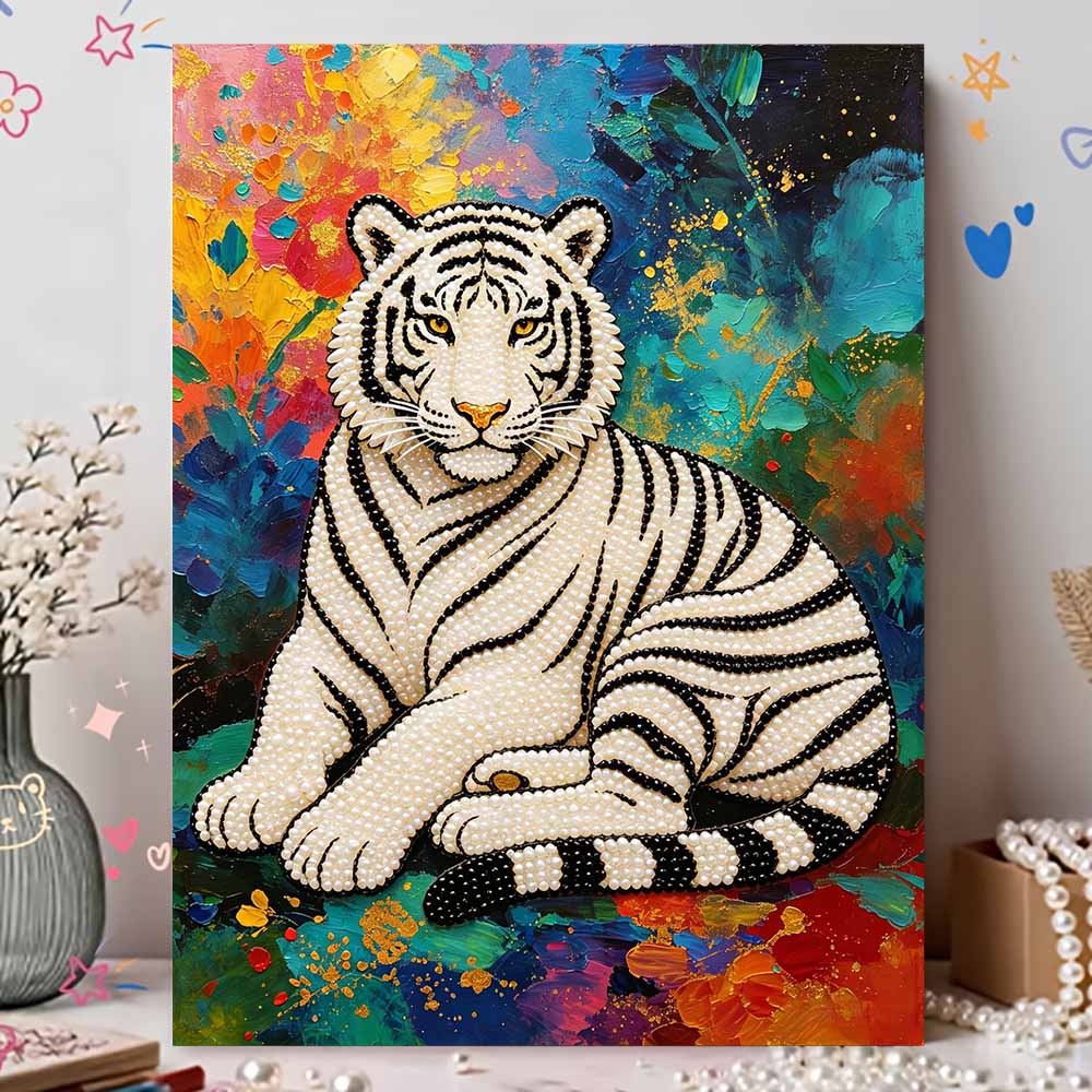 Shiny Pearl White Tiger DIY Painting Creative Bead Art Craft Household Wall Decoration Nice Present For Art Hobbyists Home Decor Wall Artwork Supplies