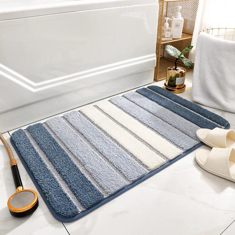 Gradient Striped Bath Mat | Thickened Flocked Super Absorbent & Quick-Dry | Non-Slip Bathroom Rug for Shower Floor Decor