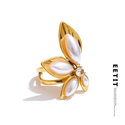 Stainless Steel Simulated Pearls Open Flower Ring Trendy 18K Golden PVD Plated Young Modern Finger Jewelry Accessories