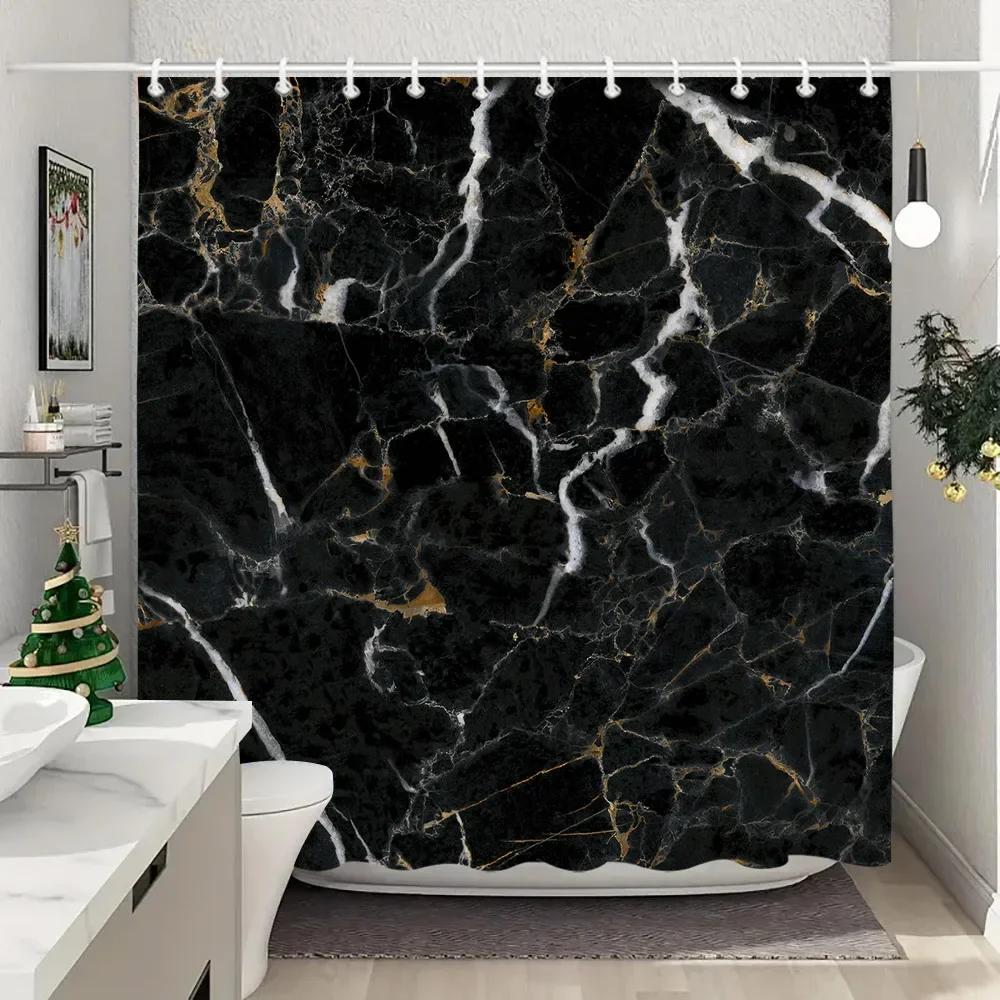 Blue Gold Textured Marble Shower Curtain Black White Natural Art Pattern Polyester Fabric Washable Shower Curtain Bathroom Dec