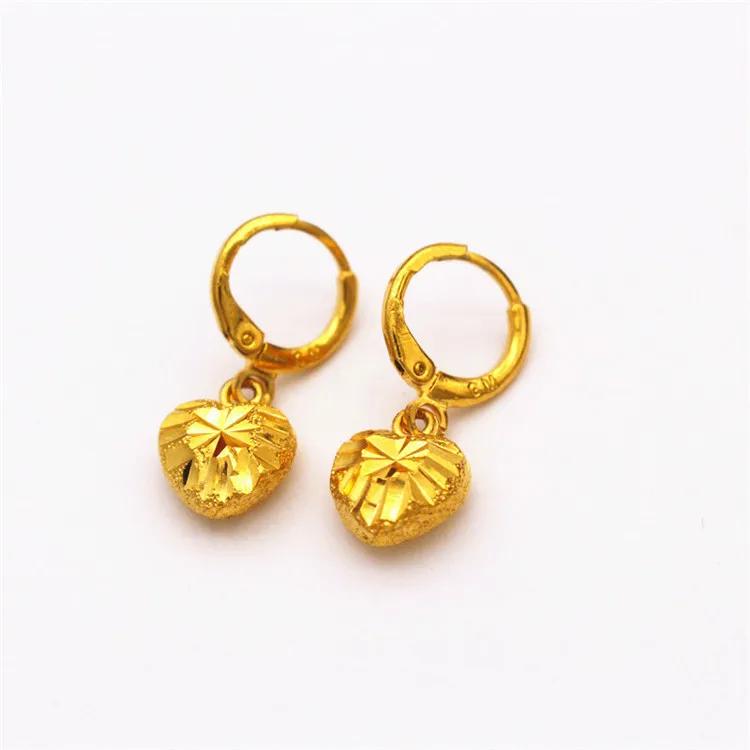 Luxury Genuine Gold Color Love Heart Shape Long Drop Earring for Women Bride Wedding Daily Wear Earring Jewelry Gifts