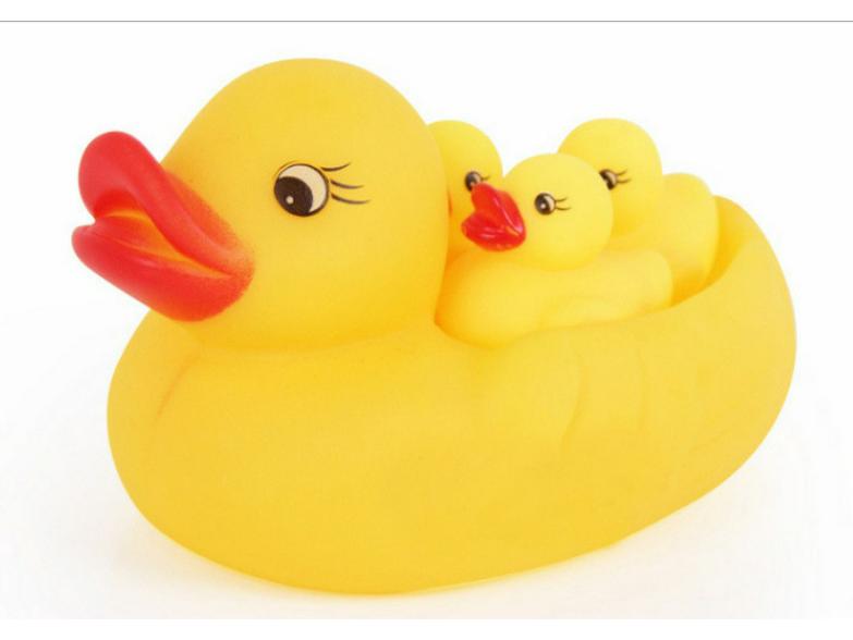Vinyl Duck Family Bath Toy Set - Squeeze-activated Sounds, Educational Play, Mother and Ducklings, Cute Design, Includes Mesh Bag for Storage.