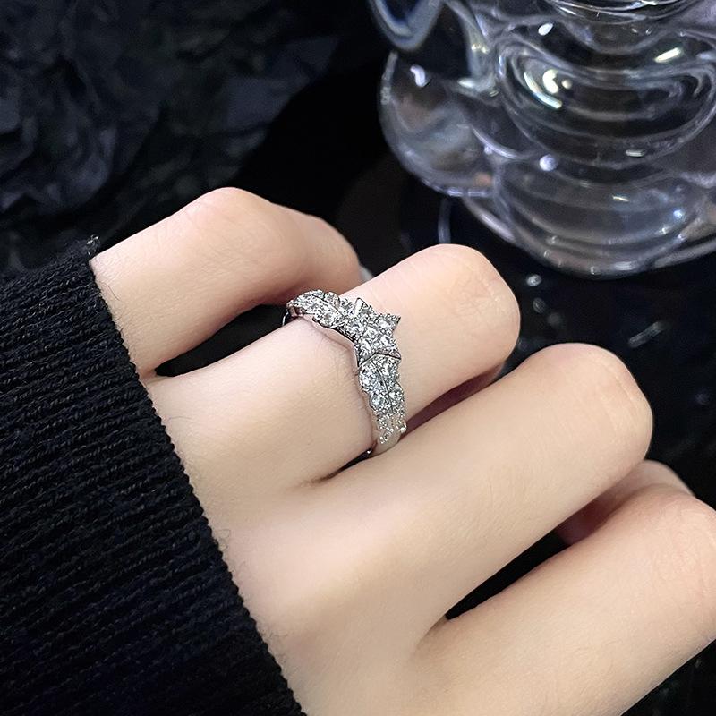 Rose Open Ring Stacked With Stars, Niche Design, High-End Fashion, Diamond-Encrusted Zircon Index Finger Ring, Women