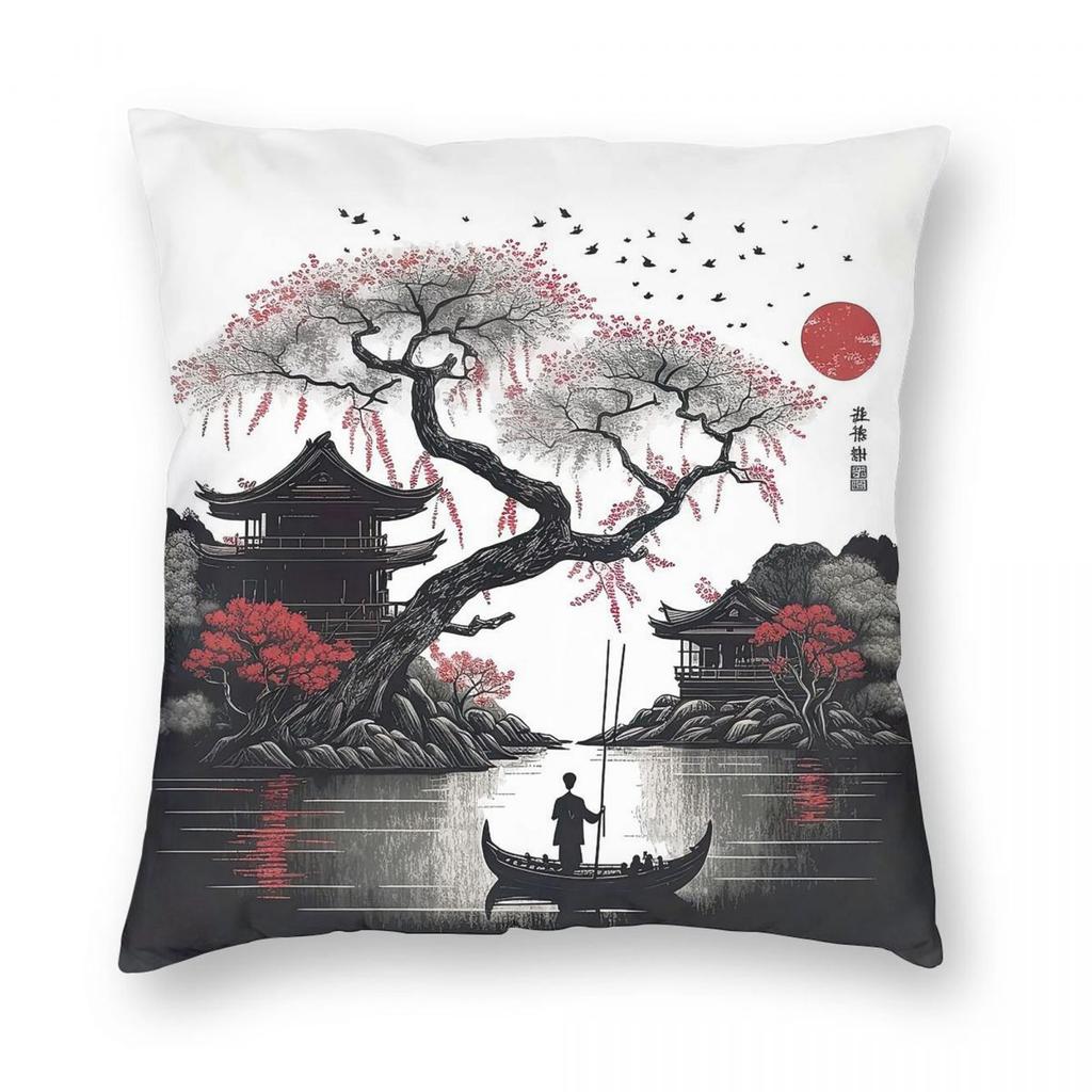 Japanese Blossom Sunset Pillowcase Polyester Linen Velvet Pattern Zip Decorative Home Cushion Case Wholesale