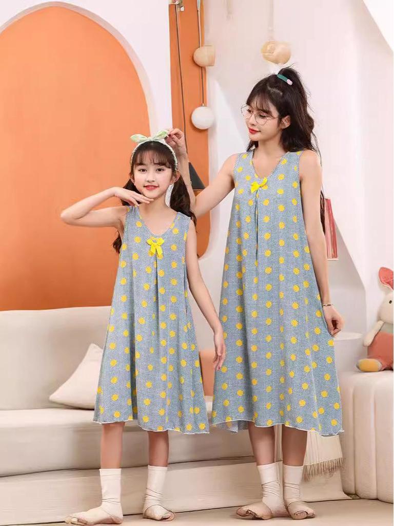 Mother-Daughter Cotton Silk Sleeveless Nightgown for Girls: Wide Shoulder Home Dress