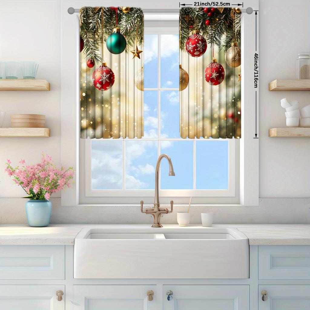 Red Gold Christmas Curtains Snowflakes Berries Print Bedroom Living Room Kitchen Office Holiday Decor Light Filtering Polyester Window Treatment