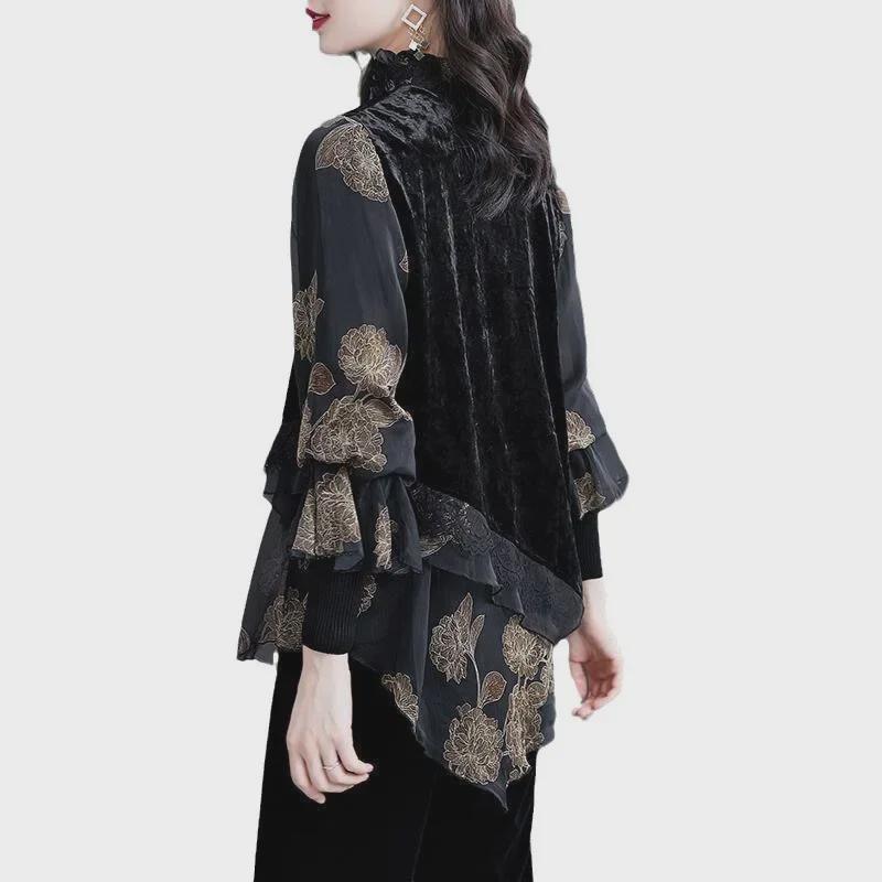 Elegant Velvet Lace Trim Plus Size Women's Top - 2024 Spring Collection