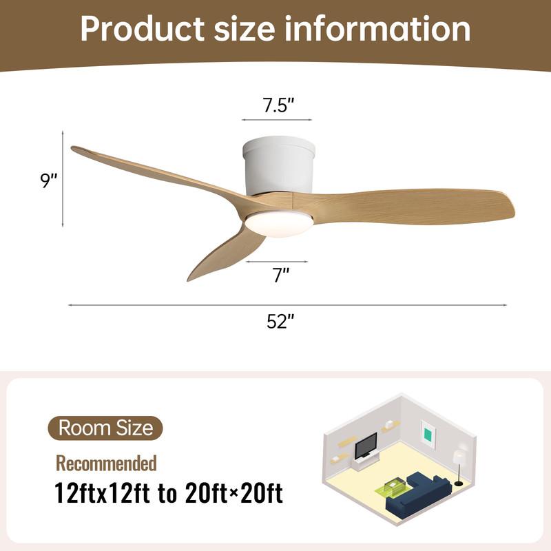 Sofucor Ceiling Fan with Light and Remote Control, White, 132 cm, 3 ABS Blades