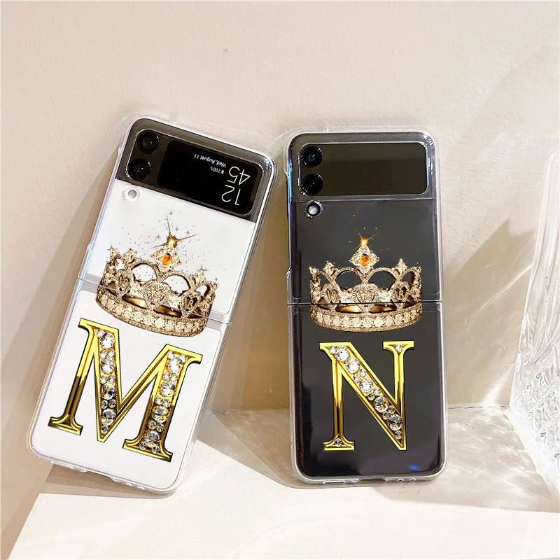 Diamond Crown Letter 26 Letters Phone Case For Samsung Z Flip 3 4 5 6 fold High Hard PC For Galaxy Z Flip 3 5 6 Clear Cover