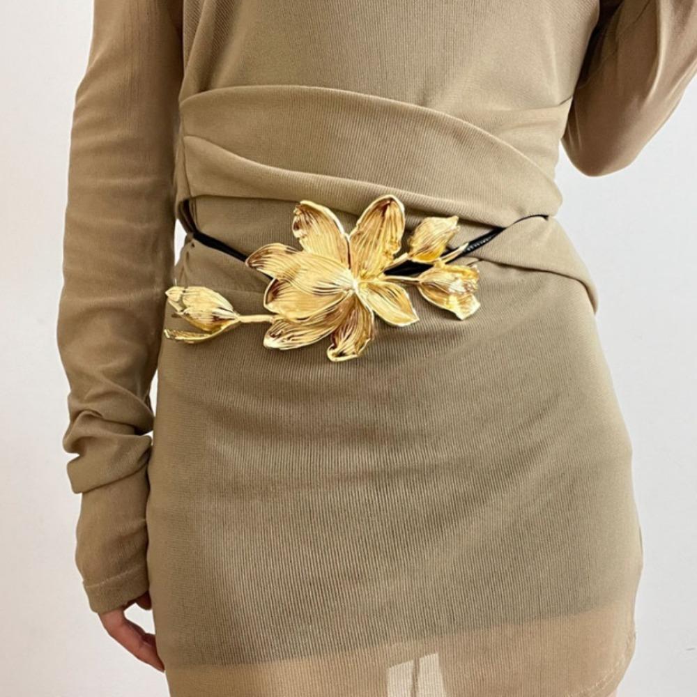 Vintage Tulip Waist Chain Large PU Leather Rope Belt Fashion Zinc Zinc Alloy Flower Belt  Pants