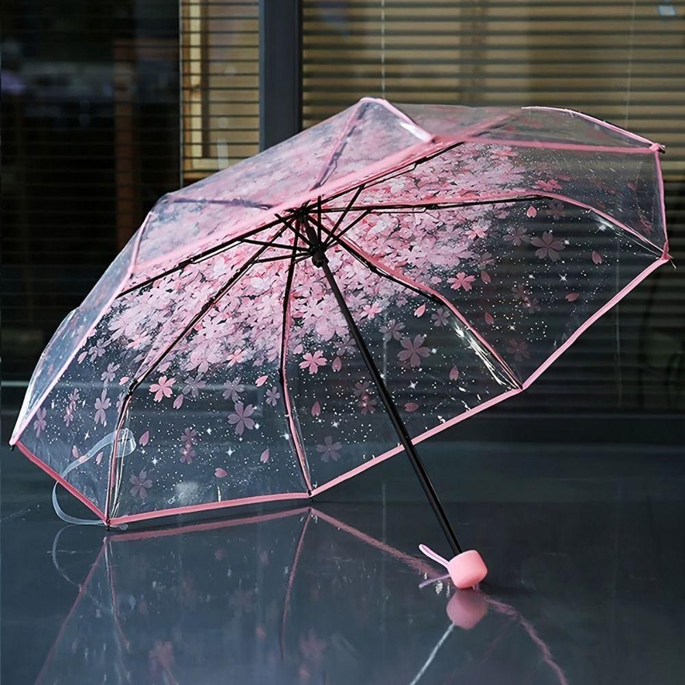 Funny Folding Umbrella Windproof Manual Umbrella Korean Cherry Blossom Transparent Umbrella  Home