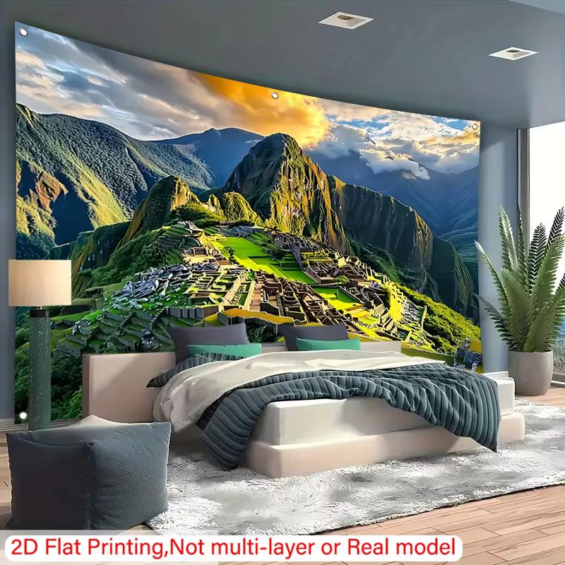 Majestic Machu Picchu Tapestry, Golden Hour Sunrise Over the Ancient Citadel and Surrounding Andean Peaks, Exotic Travel Wall Art