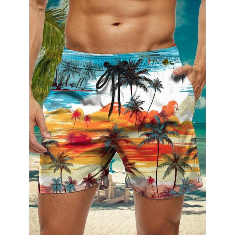 Summer New Hawaiian Plant Print Men's Street Hip Hop Casual Shorts Men's Summer Swim Shorts Drawstring Casual Shorts