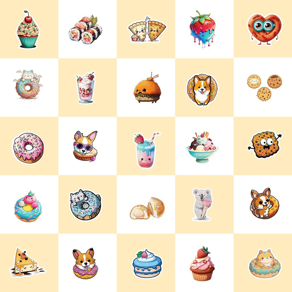 50 Donuts Mix And Match Small Animals Stickers Ice Cream Toast Milk Tea Creative Food Stickers Asia