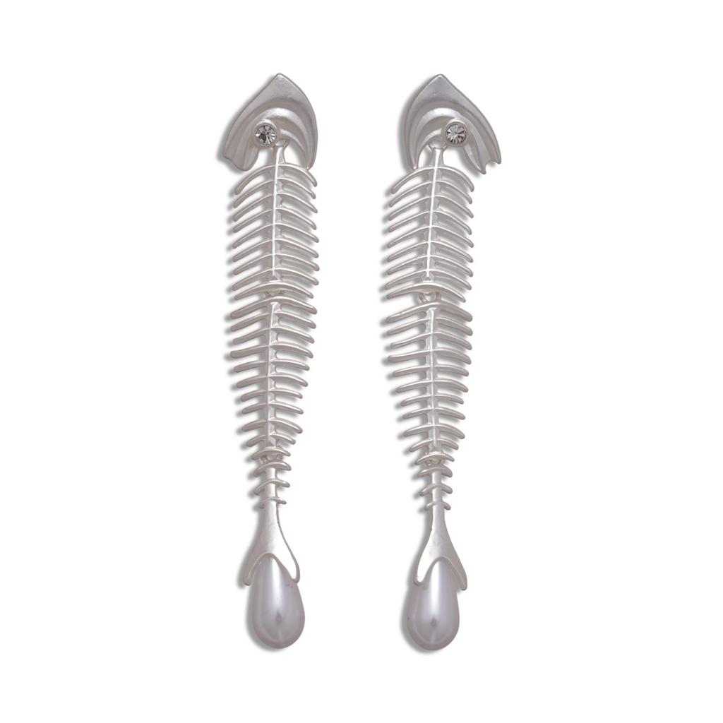 European and American Exaggerated Zircon Imitation Pearl Fish Skeleton Silver Needle Earrings Cold Wind Unique Personality Niche High-end Earrings