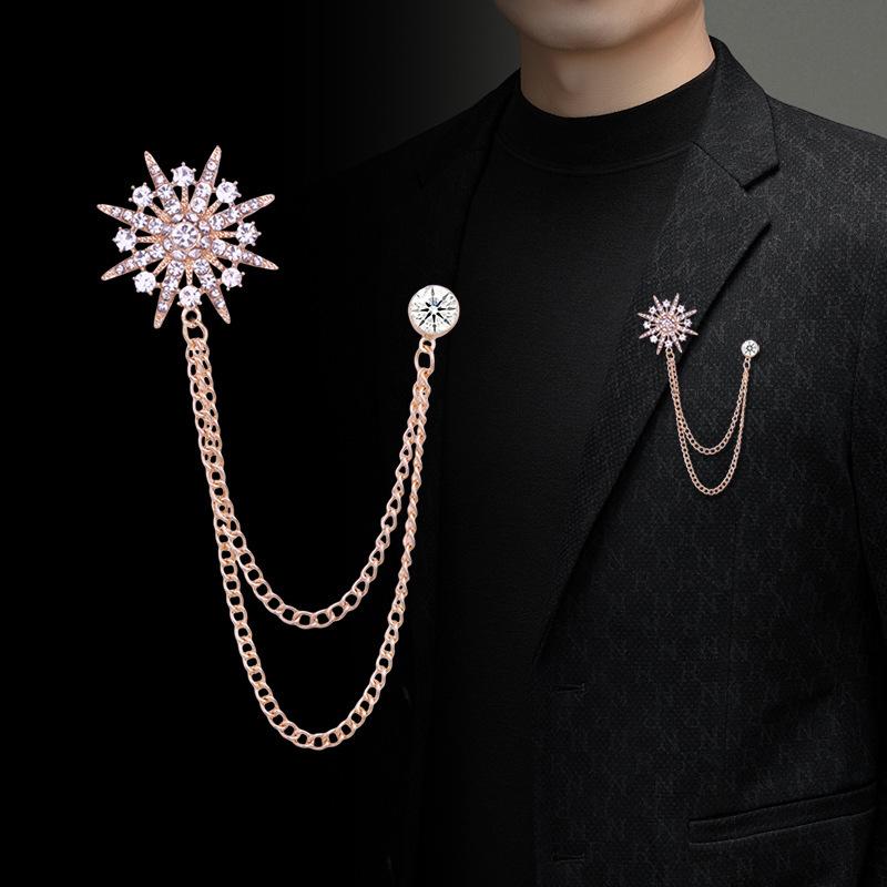 Korean Japanese Men's Starburst Brooch Badge with Chain Tassel for Suit Lapel Pin