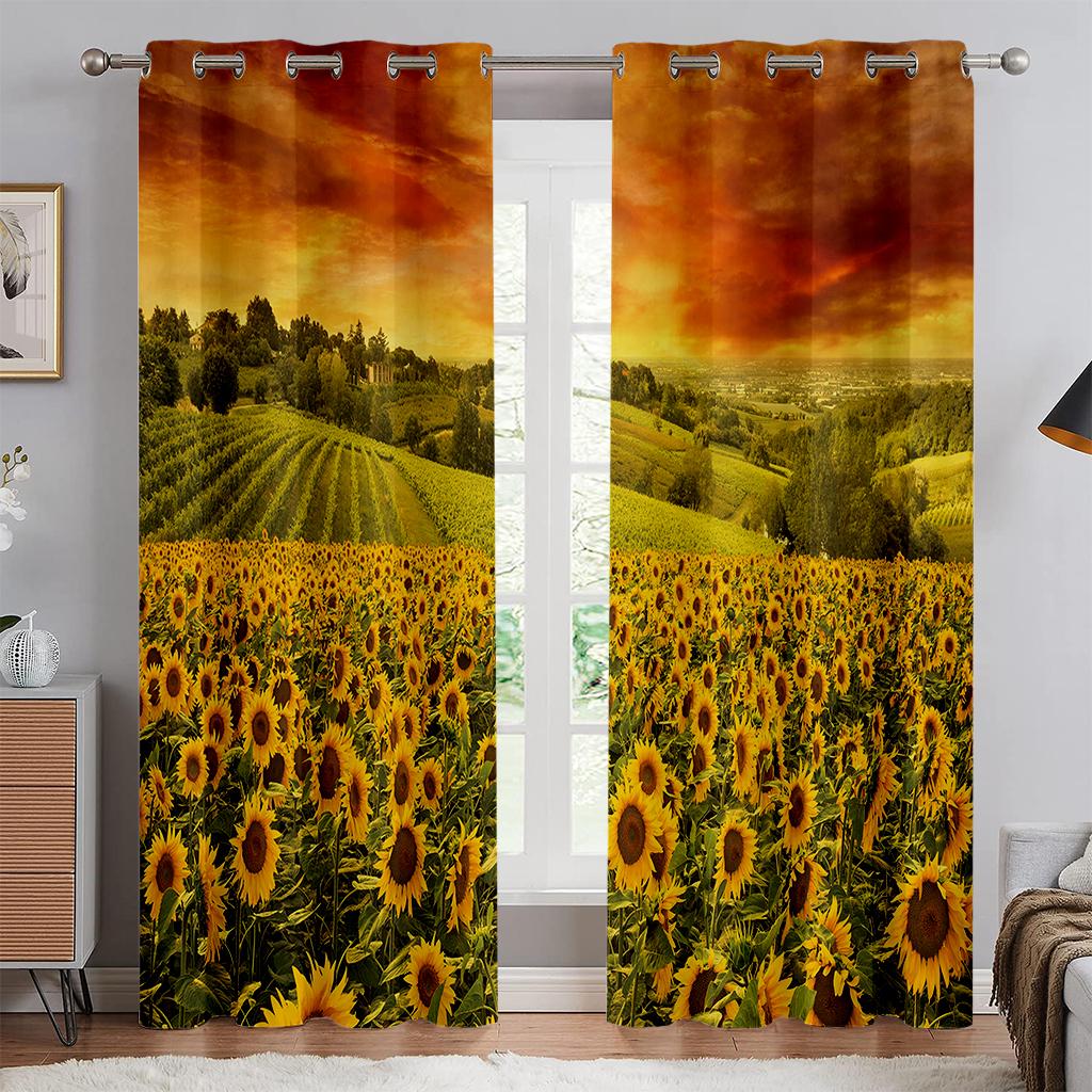 Beautiful Sunflower Sea of Flowers Curtains Living Room Bedroom Kitchen Balcony Window Decor 2 Panel Landscape
