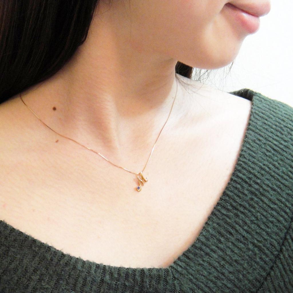 Miwahouseki Initial Birthstone Pink Gold Alphabet Necklace with Amethyst for February [M]