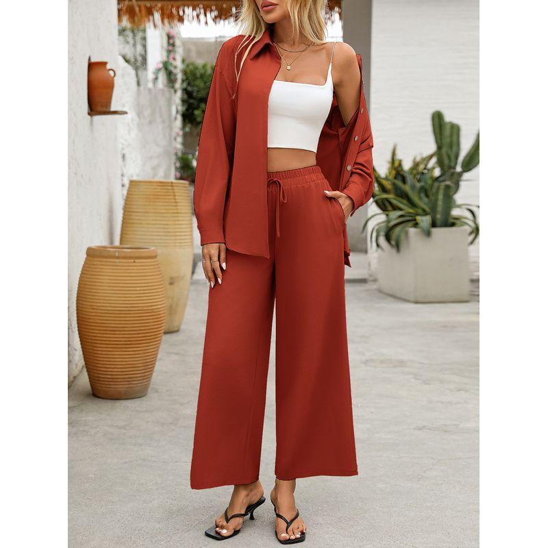 Fashion Fall Lapels Single Breasted Solid Color Loose Long Sleeves Cardigan Shirt Elastic Waist Pants Casual Two-Piece Suit