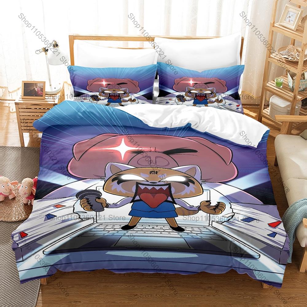 Personality Aggretsuko Anime Bedding Set New Soft Duvet Cover Pillowcases Cute Red Panda Print Bed Set for Kids Adults Bedroom D