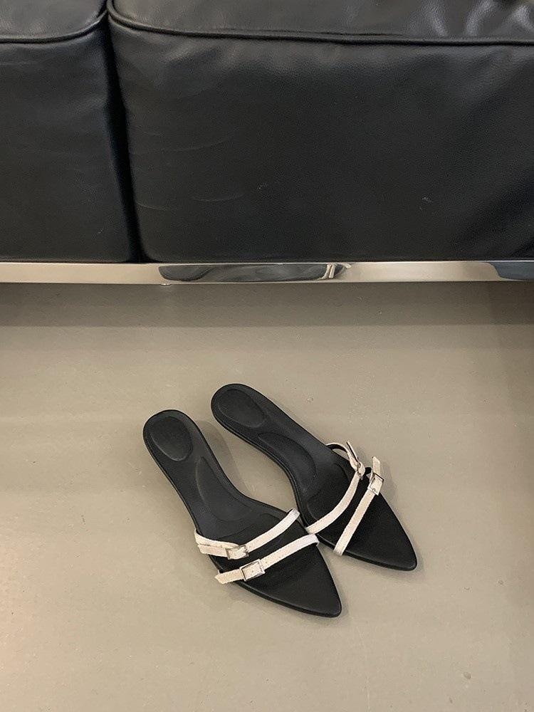 

Мягкая подошва тонкий ремешок острый носок тонкий каблук средний каблук шлепанцы низкий каблук 2025 лето корейская версия универсальные шлепанцы на высоком каблуке женские 42