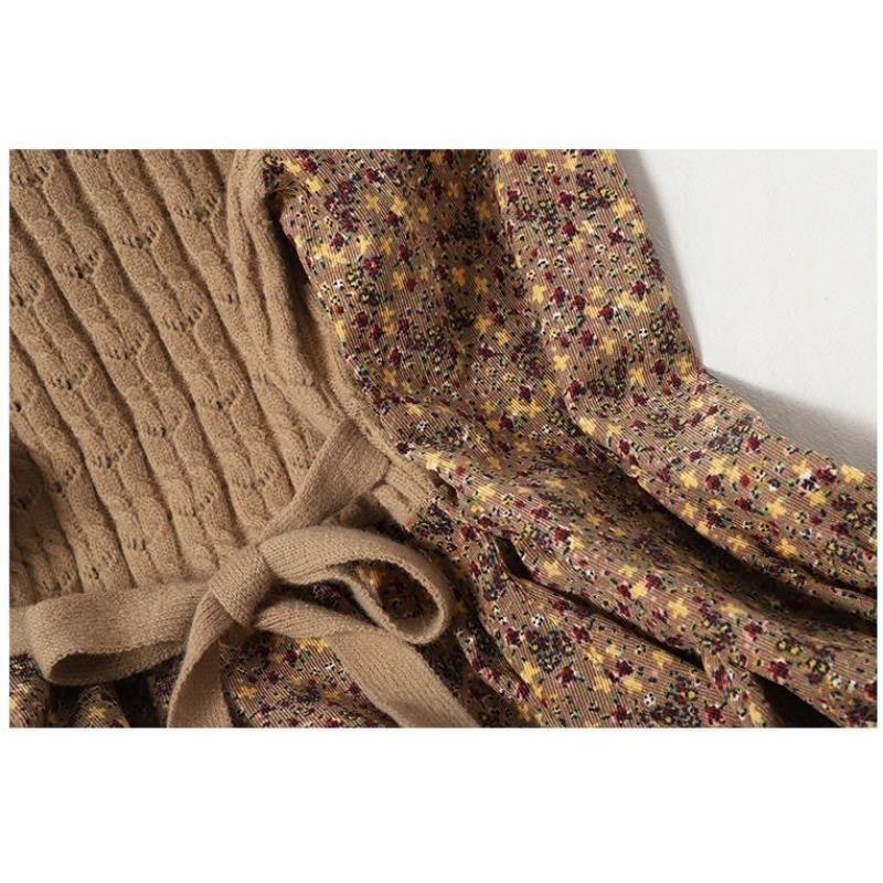 Damska jesienno-zimowa sukienka z paskiem w kwiaty, dzianinowa, sztruksowa, z łączonymi wzorami