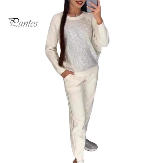 

2 шт./комплект женский топ брюки костюм со стразами декор О-образный вырез длинные рукава пэчворк спортивный свитшот эластичный пояс брюки фитнес-наряд осень весна XXXL белый