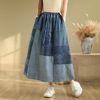 Plus Size Summer Denim Skirts Women Clothing Blue Elastic Vintage A-Line Jeans Skirt High Waist