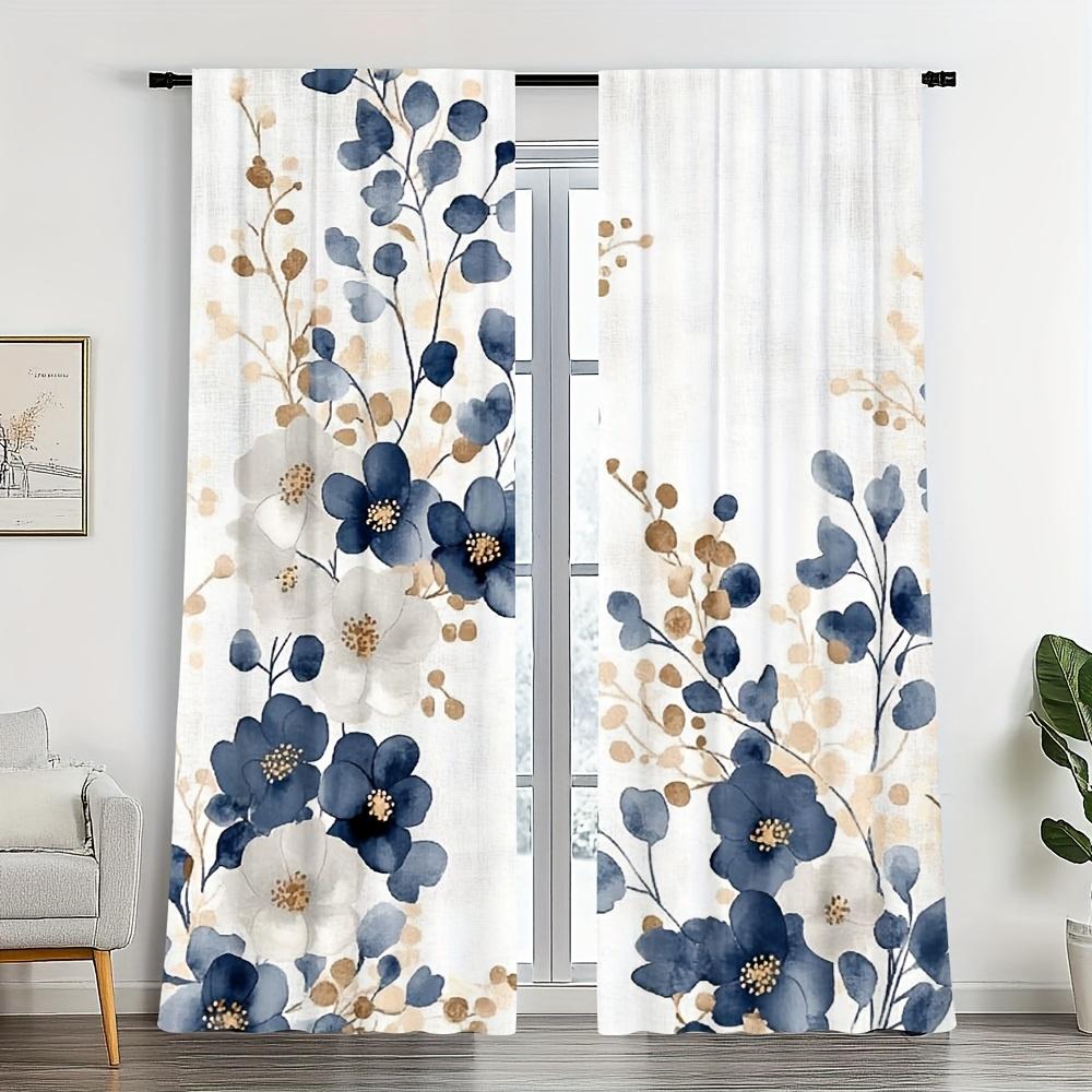 Pacote com 2 Cortinas Azul Marinho e Dourado com Estampa Floral - Tecido de Poliéster, Lavável à Máquina, Adequado para Quarto, Cozinha, Sala de Estar