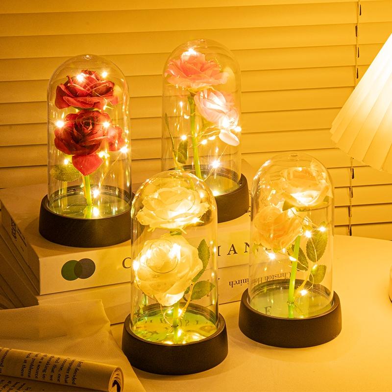 Artificial Rose Flowers In A Flask With Led Light Glowing Galaxy Eternal Rose In Glass Cover Valentine'S Day Gifts