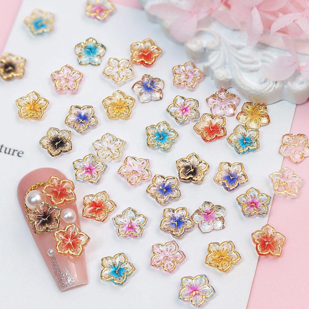 30Pcs 8mm 3D Mini Flower Nail Art Charms, Golden Edge Floral Decoration Nail Accessories for Spring & Summer DIY Manicure Accessories
