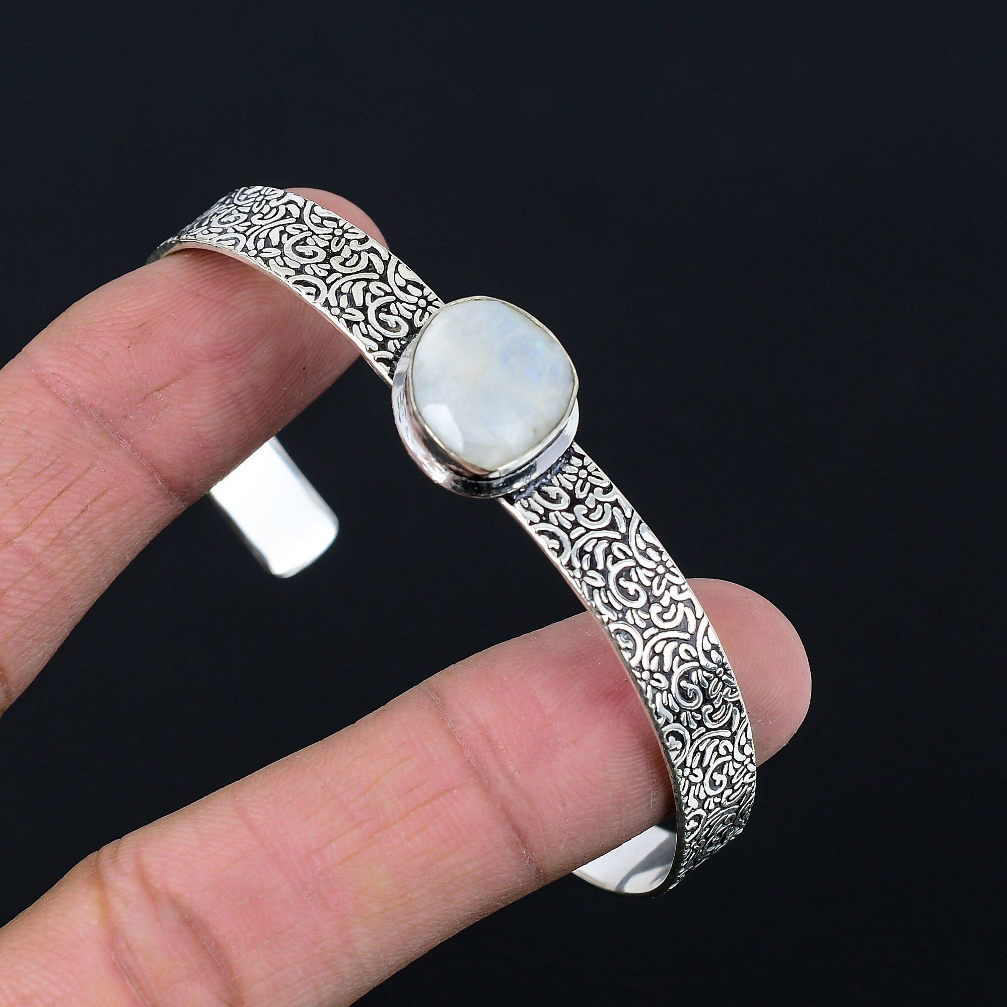 

Natural Rainbow Moonstone Gemstone 925 Silver Bangle Adjustable For Girls Adjustable