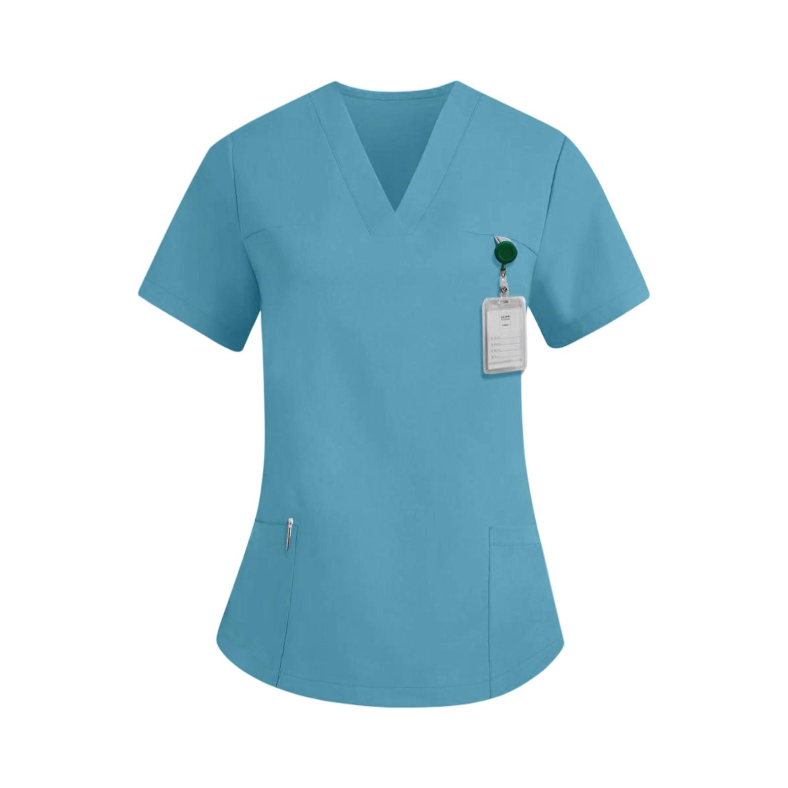 Womens Spring Tops V Neck Short Sleeve Summer Shirts for Women Professional Womens Summer Shirts Uniform Style Dressy Tops for Women S синий