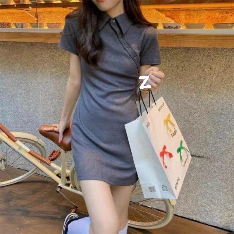 [Spot] Summer new diagonal buckle lapel slim polo skirt slim elastic slim waist fine jumpsuit