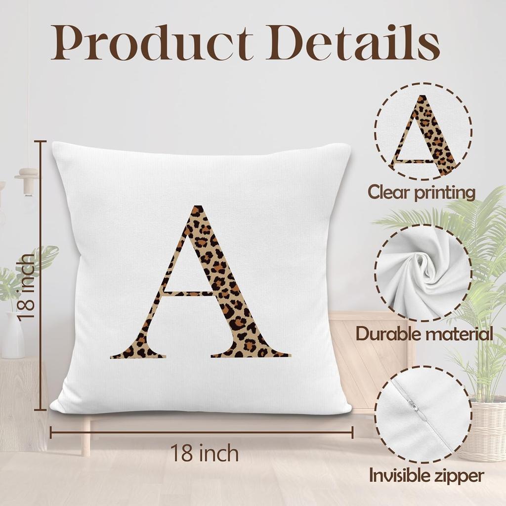 Leopard Print Initial Letter A Throw Pillow Covers, Cheetah Room Decor, Monogram Cheetah Print Decorative Pillowcases Cushion Cases for Home Bedroom