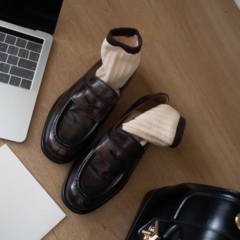 Sheepskin~ Platform Leather Loafers for Women's British Style Retro Lazy One-pedal Single Shoes with Skirt Jk Small Leather Shoes