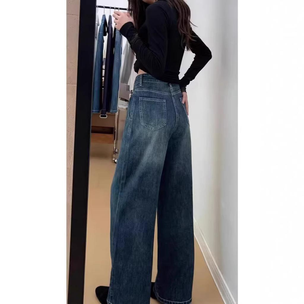 Pear-shaped body straight jeans women's autumn and winter new retro high-waisted fat MM loose wide-leg trousers