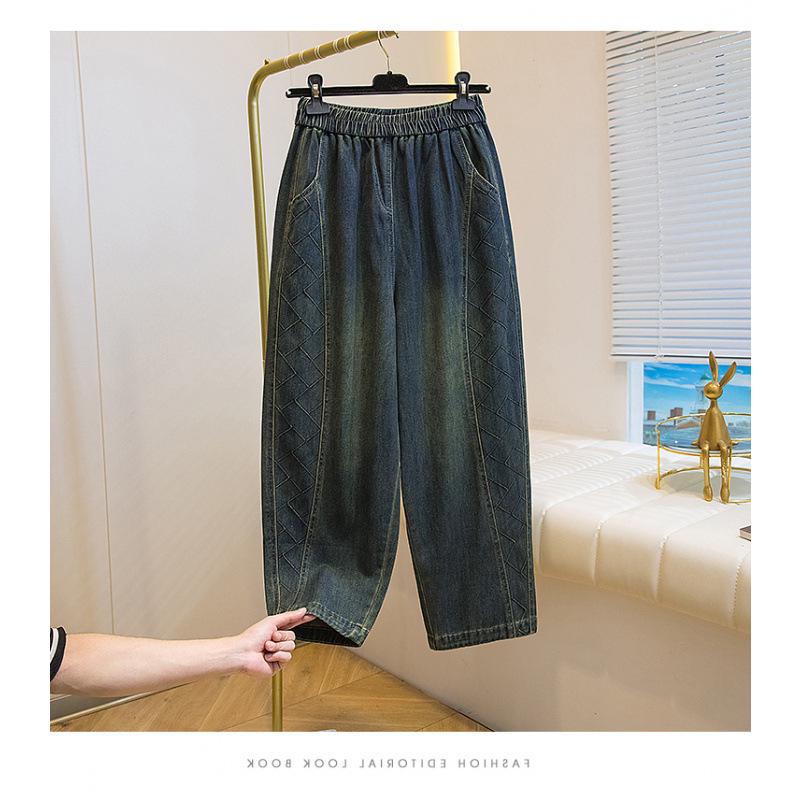 Spring Retro Plaid High-Waist Plus Size Loose Jeans with Artistic Frayed Hem for Women 3XL