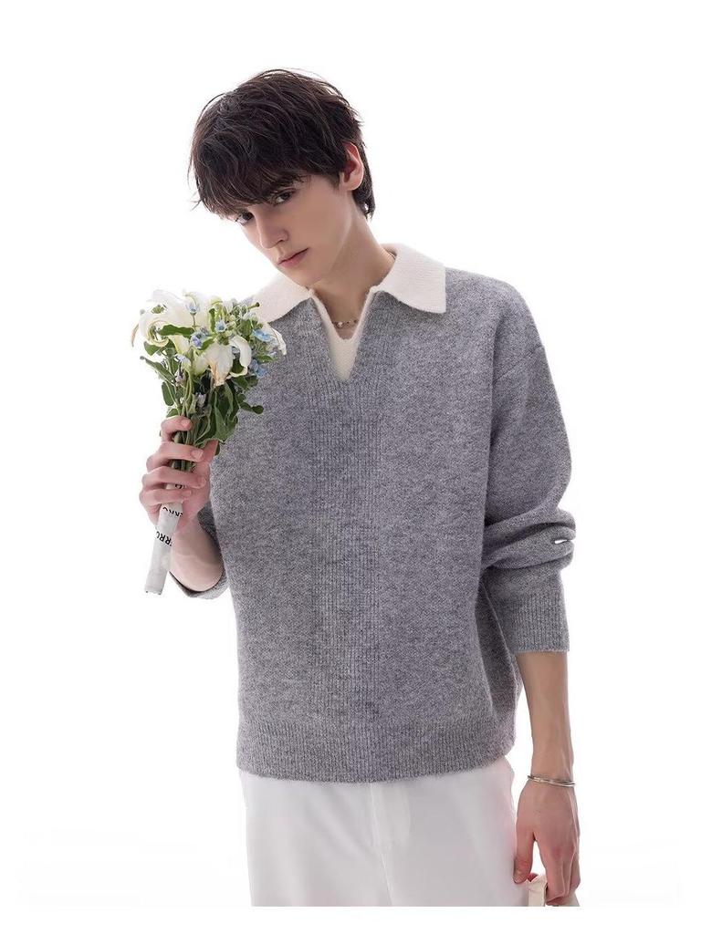 Unisex British-Style Heavyweight Sweater: Two-Piece Look, Lapel Design, Trendy and Versatile for Autumn/Winter.