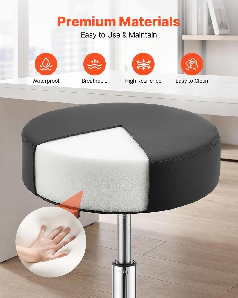 Rolling Stools with Wheels, Set of 2, 226.8kg Weight Capacity, Height Adjustable, Thick Cushion Ergonomic PU Leather Seat, 360° Swivel Round Rolling