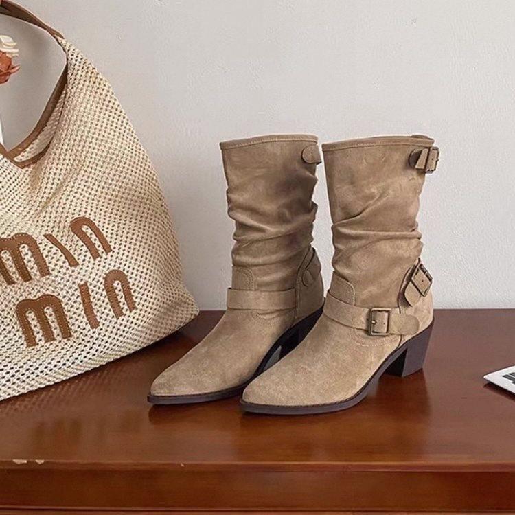 French Retro Pointed Thin Boots New Stacked Versatile German Autumn and Winter Boots Belt Buckle Pleated Thick Heel Short Boots Women
