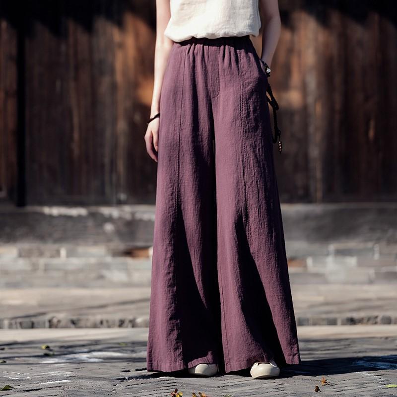 Johnature Women Vintage Wide Leg Pants Patchwork Loose Trousers Summer Solid Color Elastic Waist Long Pants