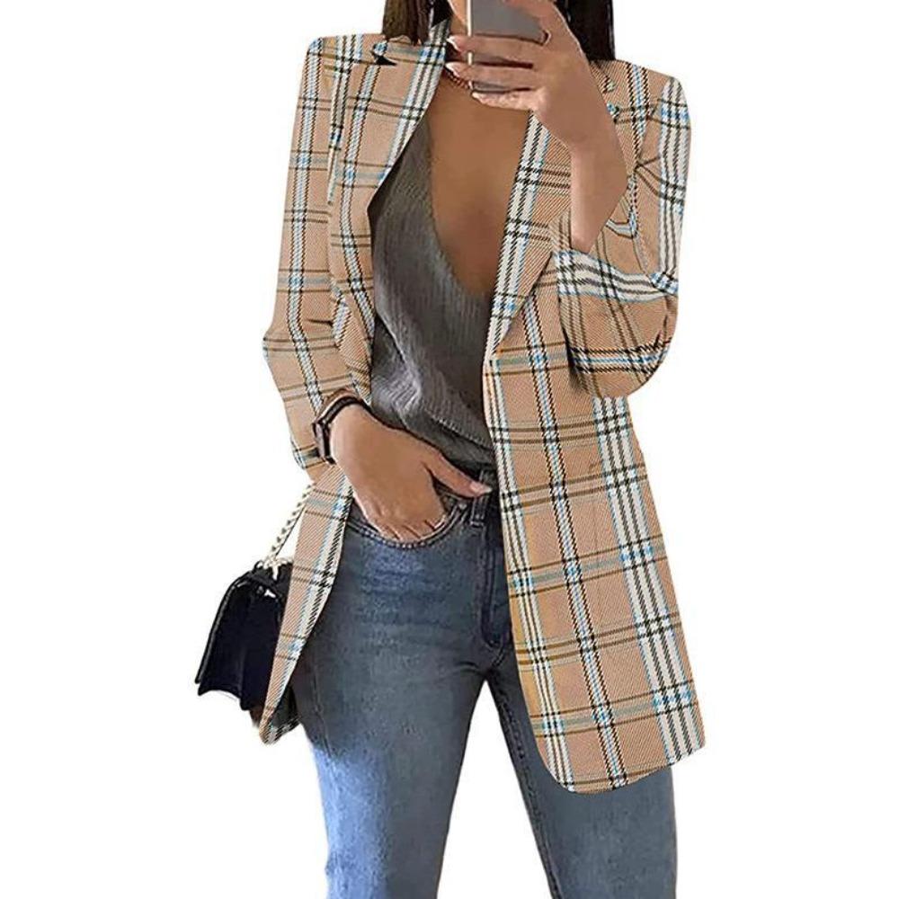 Women's Lapel Long Sleeve Plaid Print Slim Fit Blazer Elegant Commute Open Front Mid Length Suit Jacket For Spring Fall