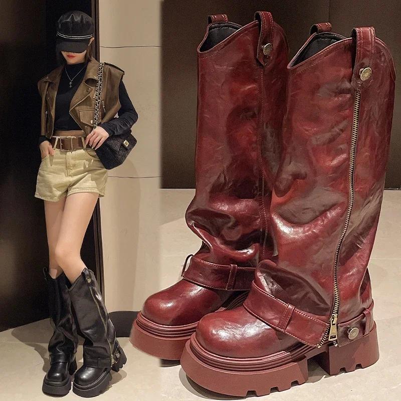 Fashion Women's Boots 2025 New Style Retro High Western Boots for Autumn and Winter Fashion Versatile Female Knight Boots