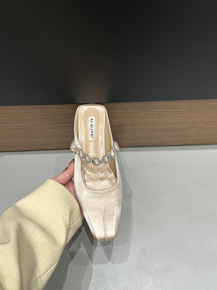 Women Crystal Mules Flats Slippers Designer Sandals 2025 New Dress Square-toe Leather Slides Summer Slingback Buckle De Mujer