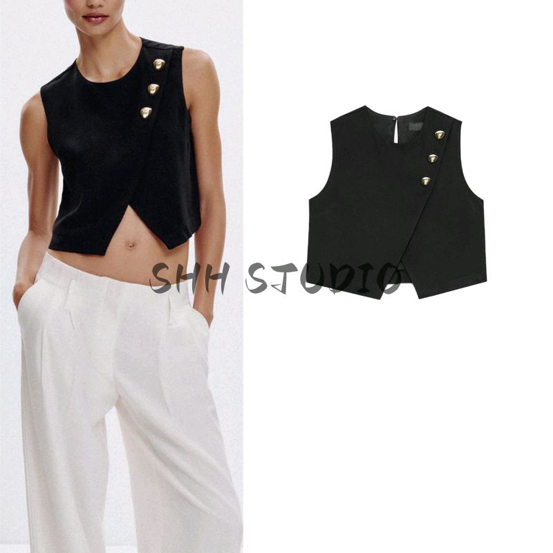 Autumn New Women's Clothing French Style Design round Neck Sleeveless Gold Fake Button Double Breasted Tops 3897151