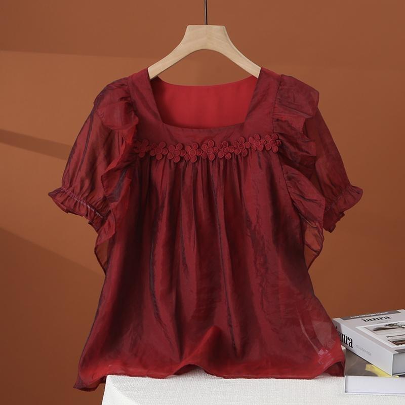 

Элегантная и модная шифоновая блузка с кружевным подолом и короткими рукавами с квадратным вырезом для женского летнего топа XXXL винный