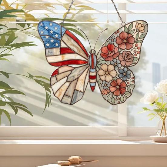 Independence Day Butterfly Suncatcher Ornament Faux Stained Glass Acrylic Window Pendant Patriotic Butterfly Suncatcher for Wall Window