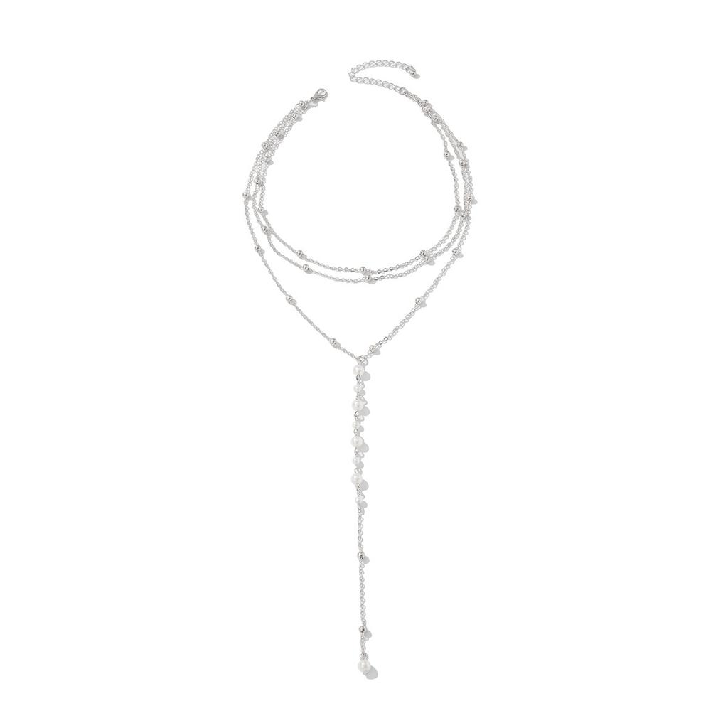 Wind Rice Grain Imitation Pearl Beaded Collarbone Necklace, Simple Metal Round Bead Chain Fringed Necklace